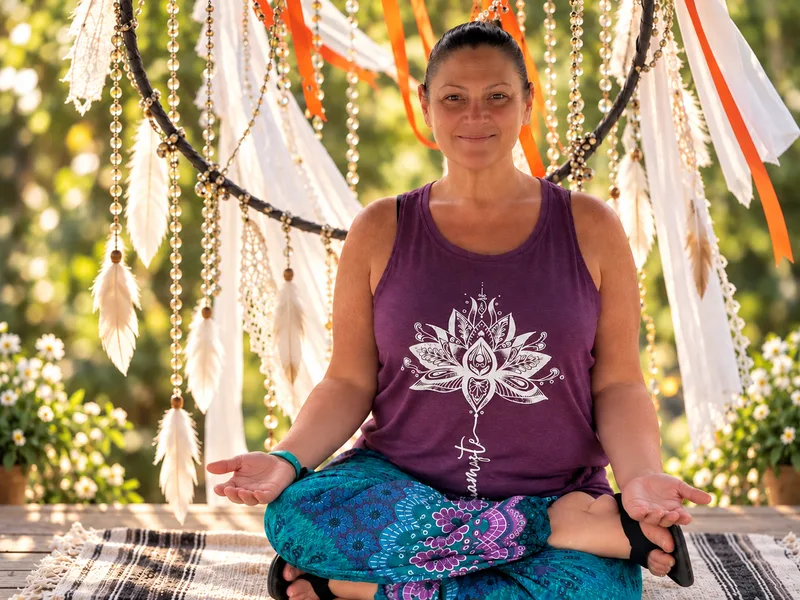 Caryn Hughes seated cross-legged outdoors with open palms, in a purple lotus-print top, in front of a hoop hung with white feathers, beads and orange ribbons