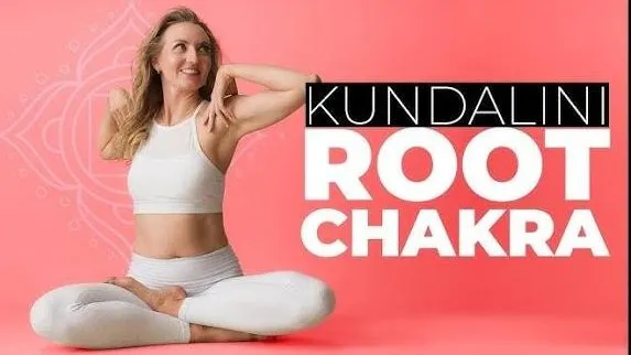 Her class graphic: a woman seated cross-legged on a coral ground beside the words Kundalini Root Chakra