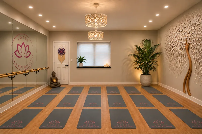 The Lotus studio: rows of grey yoga mats printed with the Lotus logo on a wood floor, a mirrored wall with a ballet barre, and a white blossom tree sculpted on the far wall